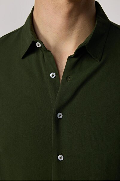 Tudors Slim Fit Long Sleeve Slim Fit Flowing Viscose Stylish Khaki Men's Shirt