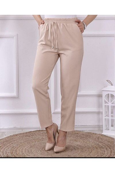 asilmoda Rope Detailed Elastic Waist Skinny Leg Stone Trousers