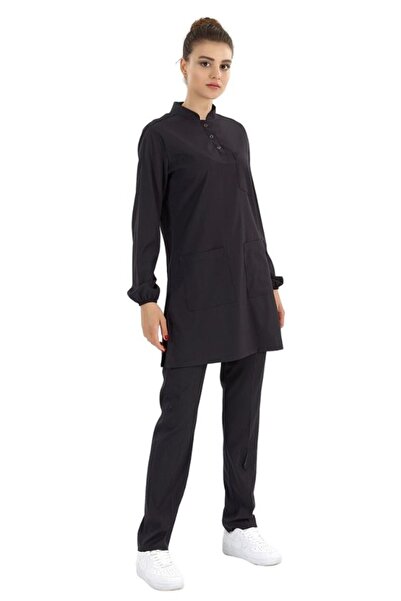 ÇİZGİ MEDİKAL Siyah Tesettür Likralı Hemşire Forması Takım Doktor Scrubs Ünif...