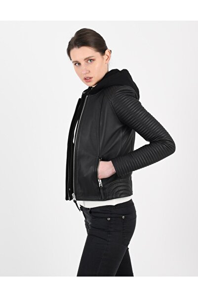 ALİN Kate Hakiki Deri Kadın Siyah Kapüşonlu Deri Mont