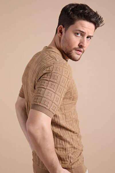 Ferraro Camel Polo Collar Zippered 100% Cotton Men's Knitwear T-shirt