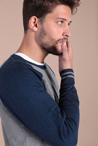 Ferraro Erkek Lacivert Bisiklet Yaka Pamuk İpek Kazak 3946