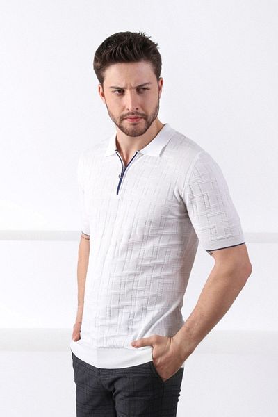 Ferraro Tricou alb pentru bărbați, 100% bumbac, cu fermoar, cu guler polo