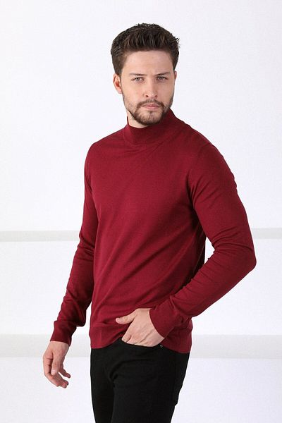 Ferraro Pulover tricotaj pentru bărbați, roșu Claret, cu jumătate de gât 100% bumbac