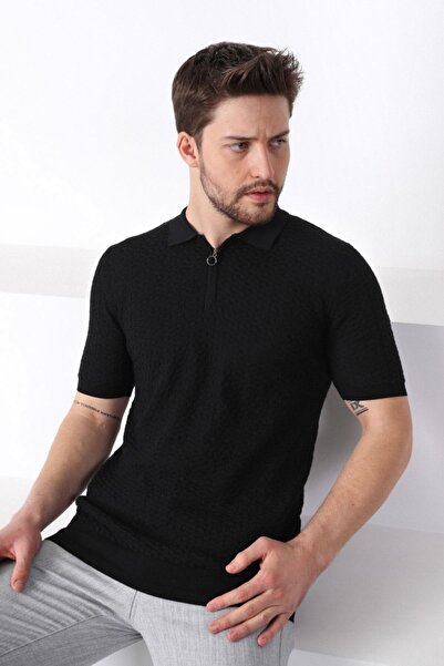 Ferraro Black Polo Collar Zippered 100% Cotton Men's Knitwear T-shirt