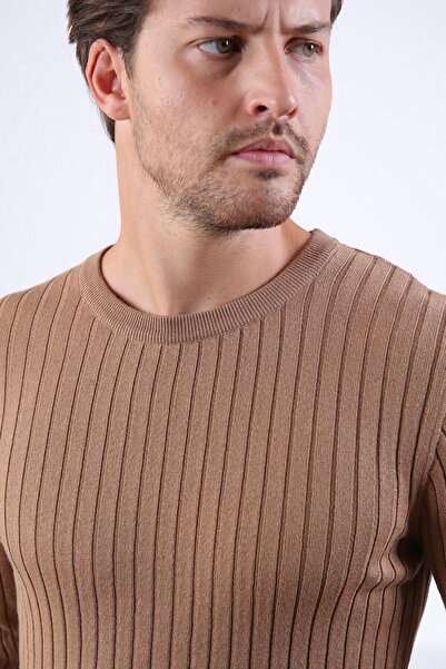 Ferraro Ανδρικό βαμβακερό πουλόβερ Camel Crew Neck με ραβδώσεις