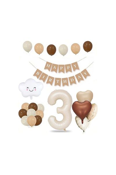 Çemrek Süs Parti Retro Cream Beige 3 Years Old Foil Balloon Set and Kraft Happy Birthday Streamer 20 Pieces