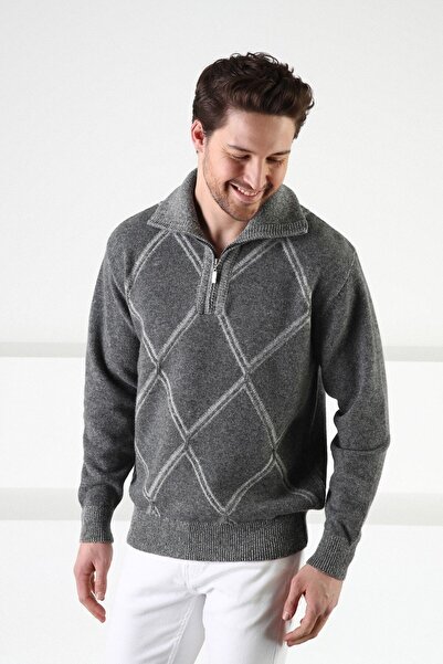 Ferraro Smoked Zippered Stand Collar 100% Lamb Wool Men's Sweater