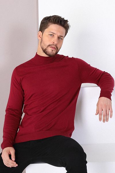 Ferraro Pulover tricotaj pentru bărbați, roșu Claret, cu jumătate de gât 100% bumbac
