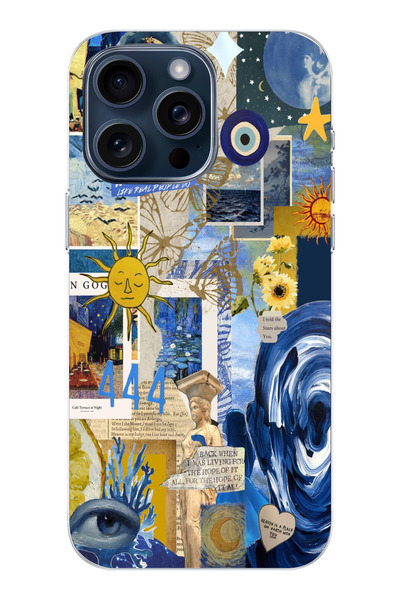 moonset Iphone 14 Pro Uyumlu Mavi Kolaj Tasarımlı Baskılı Şeffaf Telefon Kılıfı