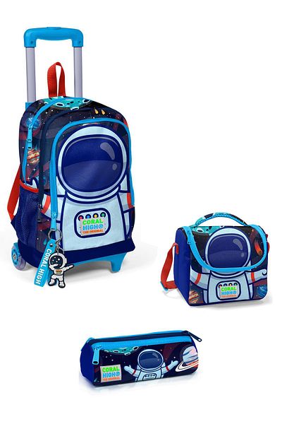 Coral High 3SET23924 - Rucsac de școală cu 4 compartimente Saks Blue cu model astronaut pentru copii cu racletă
