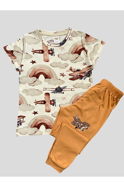 elmas kids Σετ καλοκαιρινής πιτζάμες για αγόρι 100% βαμβακερό ελικόπτερο με μοτίβο κρέμα κοντομάνικο