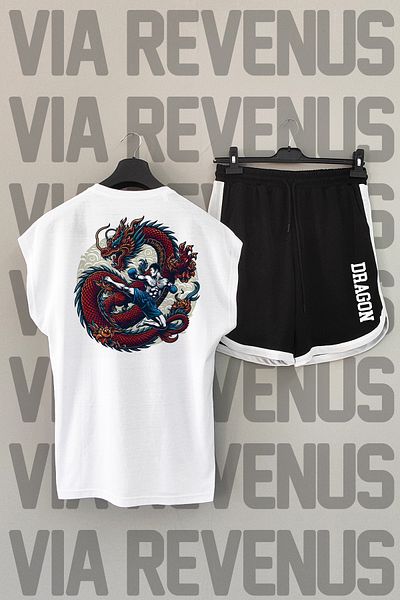 Vordevia Dragon Muay Thai - Σετ αθλητικό μπλουζάκι και σορτς με λαιμόκοψη σε λευκό και μαύρο