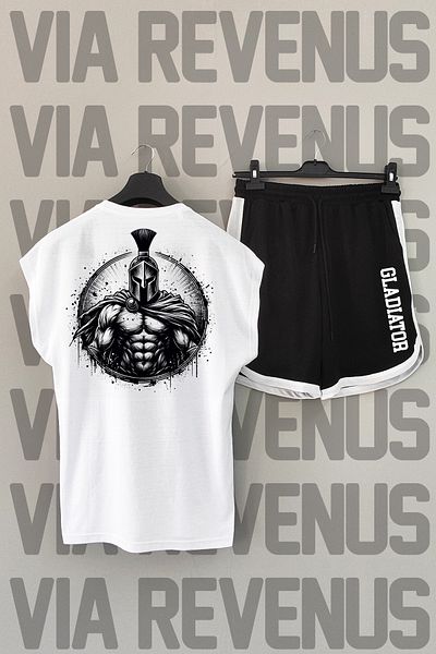Vordevia Gladiator White αθλητικό μπλουζάκι και μαύρο αθλητικό σορτς - εμπριμέ στην πλάτη, μηδενικό μανίκι