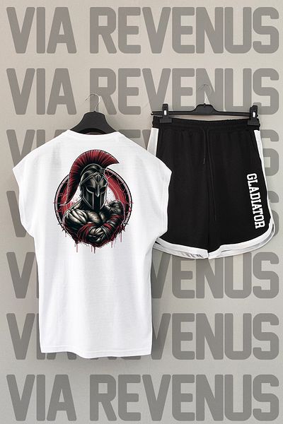 Vordevia Gladiator White αθλητικό μπλουζάκι και μαύρο αθλητικό σορτς - εμπριμέ στην πλάτη, μηδενικό μανίκι