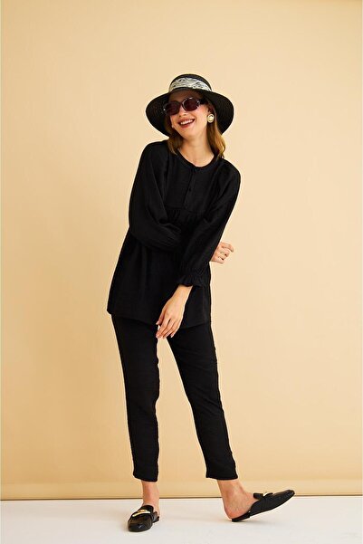 Basicpark Pinky Buttoned Smocked Linen Black Tunic Trousers