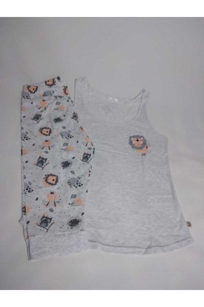VİENETTA Set pijamale de damă cu model bej cu decolteu - Bumbac Capri fără mâneci