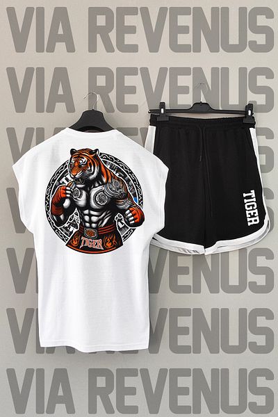 Vordevia Tiger Muay Thai - Crew Neck White and Black Sports T-shirt and Shorts Set