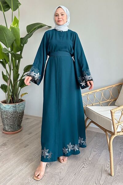 InStyle Petrol Green Ferace - Flower Sequin Detailed