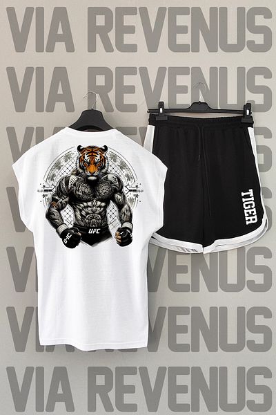 Vordevia Tiger UFC - Σετ αθλητικό μπλουζάκι και σορτς με λαιμόκοψη σε λευκό και μαύρο
