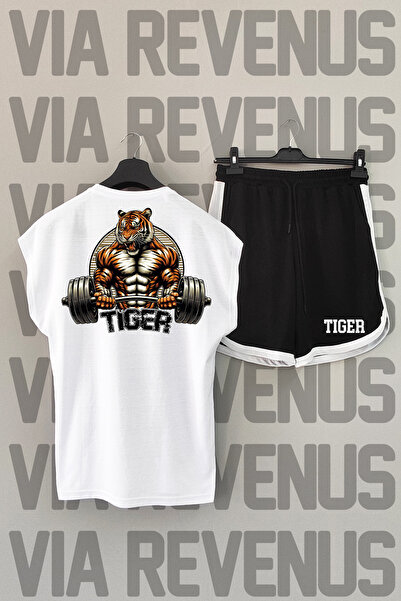 Vordevia Tiger Gym - Велосипедний комір Білий і чорний спортивний комплект футболки та шортів