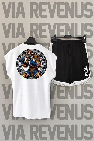 Vordevia Fighter Tiger - Σετ αθλητικό μπλουζάκι και σορτς με λαιμόκοψη σε λευκό και μαύρο