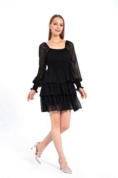 May butik Rochie din șifon uni stratificată neagră