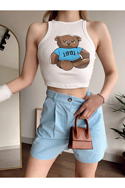 Jose Clothing Γυναικεία μπλούζα Crop Halter White Bear με τύπωμα