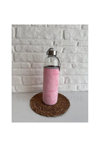 yeninesilevim Pembe Peluşlu 750 ml Hacimli Cam Su Şişesi Matarası