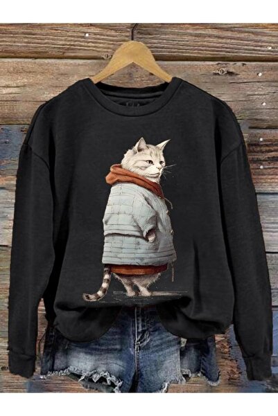 Massgai سويت شيرت كبير الحجم مطبوع عليه قطة للجنسين - هودي برقبة دائرية