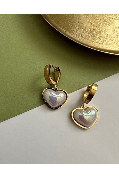 ringbox Gold Steel Tarnish Resistant Pearlescent Bombe Heart Women's Earrings
