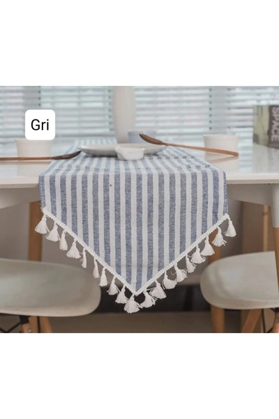 HOME ART ATELIER hand made 40 X 110 Saçak Kenarlı Gri Çizgili Runner