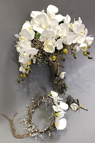 Bontex Orkideli Ve Cipsolu Gelin Tacı Ve Buketi – Yapay Buket, Yaka Çiçeği