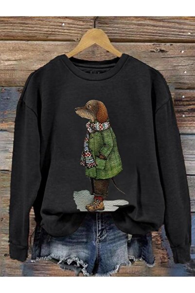 Massgai سويت شيرت بقلنسوة مطبوع عليه كلب كبير الحجم للجنسين برقبة دائرية