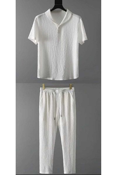 Elvino Unisex White/Black Wrapped Crinkle Summer Lycra Short Sleeve T-shirt and Sweatpants Set
