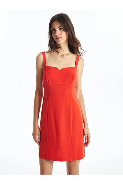 LC Waikiki LCW Vision - Plain Linen Blended Sweetheart Collar Women's Dress
