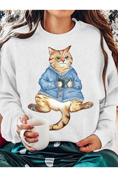 Massgai Унісекс оверсайз світшот з принтом кота - худі з коміром-стійкою