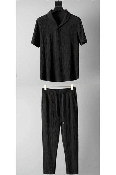 Elvino Unisex White/Black Wrapped Crinkle Summer Lycra Short Sleeve T-shirt and Sweatpants Set
