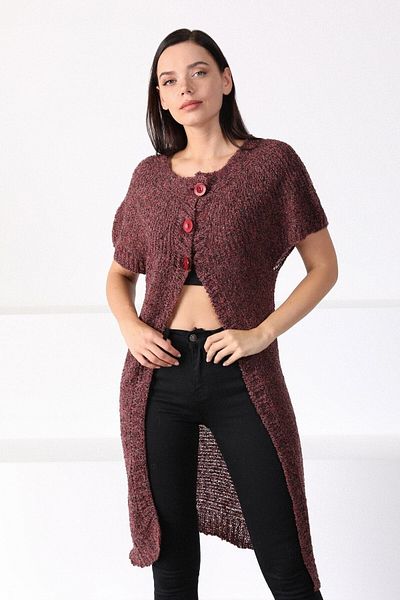 Ferraro Cardigan lung de tricotaj de damă bordeaux cu gât rotund