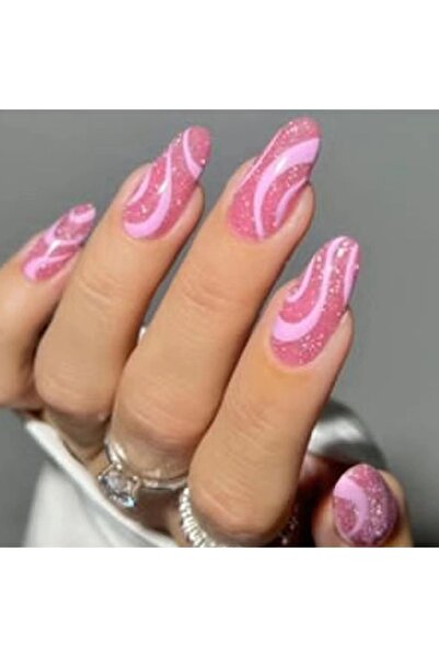 TipsArt Simli Pembe Badem 24’lü Takma Tırnak Seti ve Zararsız Yapıştırıcı