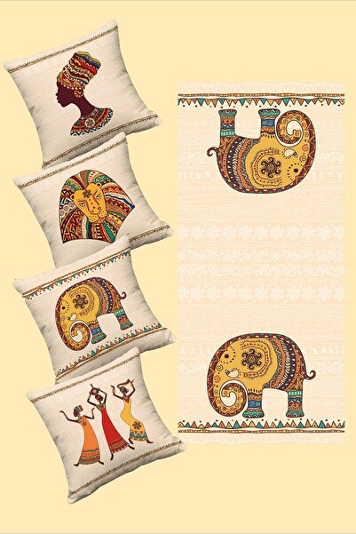 Şah Dekor طقم غطاء وسادة ورمي مكون من 4 قطع بتصميم فيل نسائي وأسد على الطراز ...