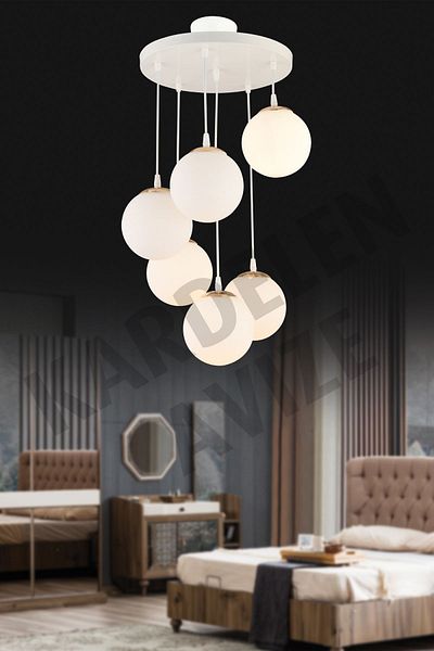 SONSUZ AYDINLATMA&AVİZE 6-Piece White Ball Globe Glass - Luxury Chandelier Pendant Lamp Tray