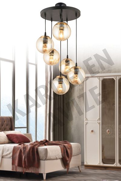 SONSUZ AYDINLATMA&AVİZE 6-Piece Black Pendant Tray - Honey Ball, Globe Glass, Downward Facing Luxury Chandelier