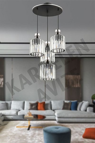 SONSUZ AYDINLATMA&AVİZE 4-Piece Pendant Lamp with Chrome Strip and Crystal Stone Black Facing Luxury Chandelier