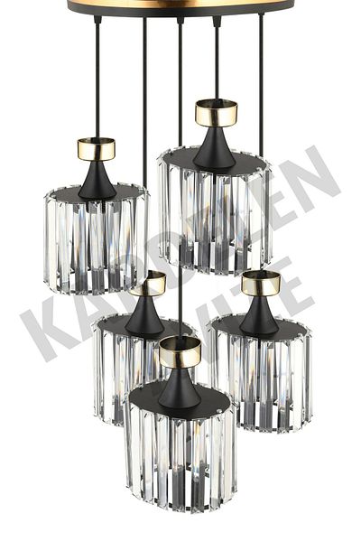 SONSUZ AYDINLATMA&AVİZE 5-Piece Luxury Chandelier with Black Crystal Stones and Yellow Stripe - Downward Facing