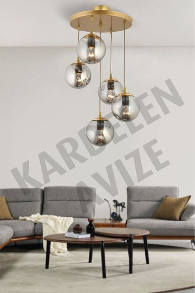 SONSUZ AYDINLATMA&AVİZE 5-Piece Smoked Ball Glass - Pendant Tray Antique and Downward Facing Chandelier