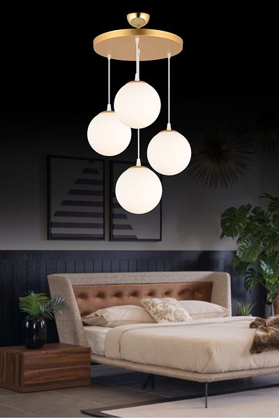 SONSUZ AYDINLATMA&AVİZE Pendant Lamp Tray Gold 4-Piece White Globe Glass Luxury Chandelier