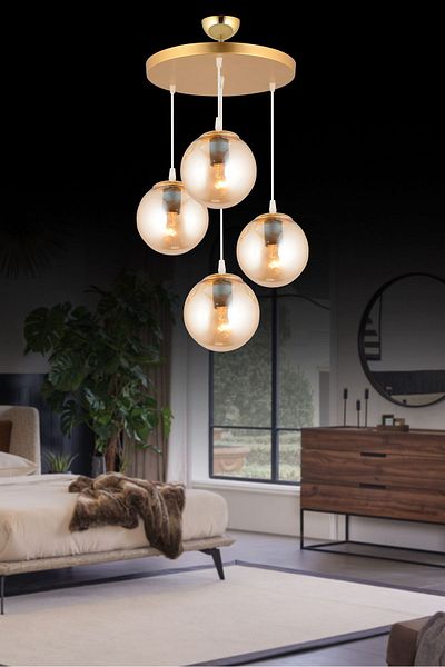 SONSUZ AYDINLATMA&AVİZE Pendant Lamp Tray Gold 4-Piece Honey Glop Glass Luxury Chandelier