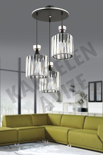 SONSUZ AYDINLATMA&AVİZE Set of 3 Black Pendant Lamp with Chrome Strip and Crystal Stone Detail Luxury Chandelier Facing