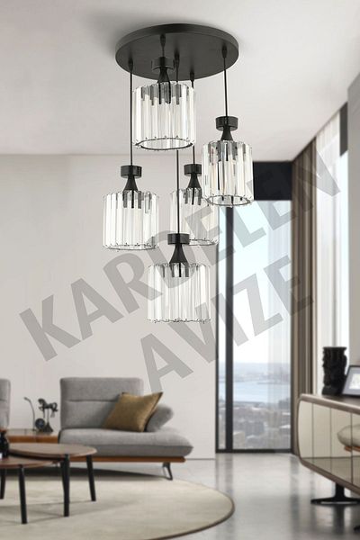 SONSUZ AYDINLATMA&AVİZE Luxury Chandelier - Black 5-Piece Pendant Lamp with Crystal Stone Downward Facing